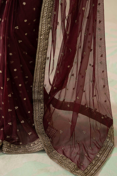 Maria B 11R1-Maroon Luxury Net Embroidered 3Pc Unstitched Sari PA-131