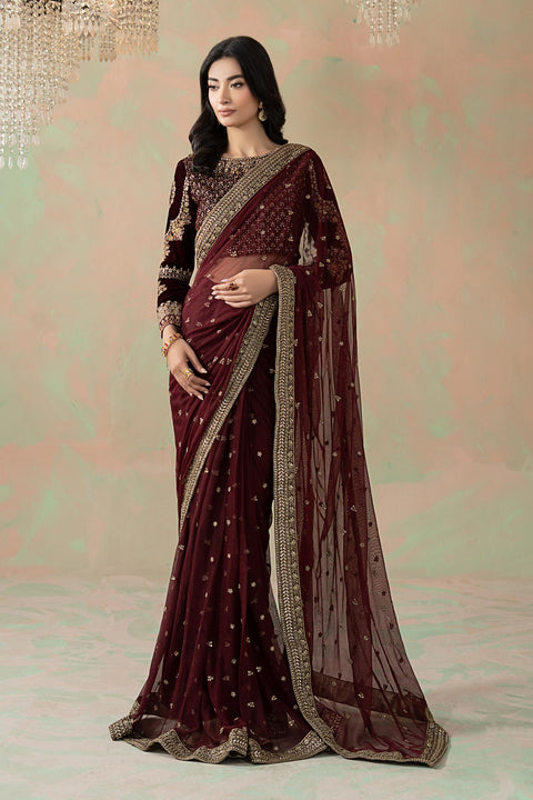Maria B 11R1-Maroon Luxury Net Embroidered 3Pc Unstitched Sari PA-131