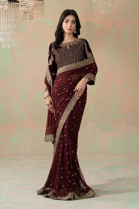 Maria B 11R1-Maroon Luxury Net Embroidered 3Pc Unstitched Sari PA-131