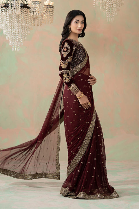 Maria B 11R1-Maroon Luxury Net Embroidered 3Pc Unstitched Sari PA-131
