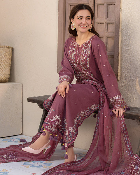 ZARA SHAHJAHAN- 3PC DHANAK EMBROIDERED SHIRT WITH DHANAK EMBROIDERED DUPATTA AND COTTON TROUSER - AL-992