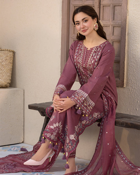 ZARA SHAHJAHAN- 3PC DHANAK EMBROIDERED SHIRT WITH DHANAK EMBROIDERED DUPATTA AND COTTON TROUSER - AL-992