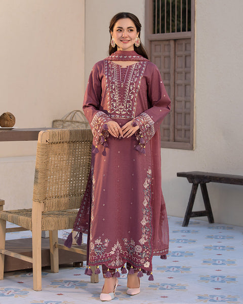 ZARA SHAHJAHAN- 3PC DHANAK EMBROIDERED SHIRT WITH DHANAK EMBROIDERED DUPATTA AND COTTON TROUSER - AL-992