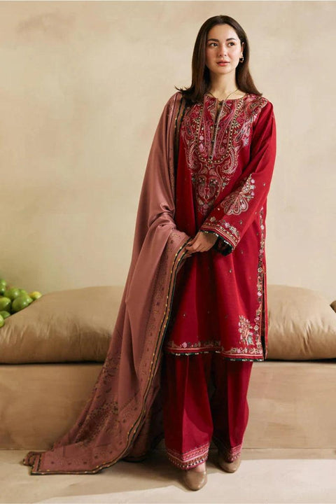 ZARA SHAHJAHAN - 3PC DHANAK EMBROIDERED SHIRT WITH  PRINTED SHAWL AND TROUSER - KPR 035