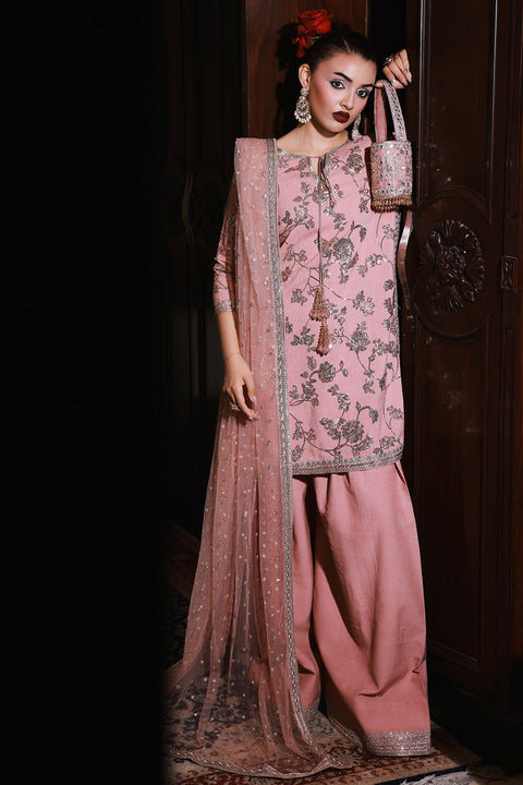 Charizma Tea Pink Embroidered 3 Piece Unstitched Formal Raw Silk - CMA-5-112 P
