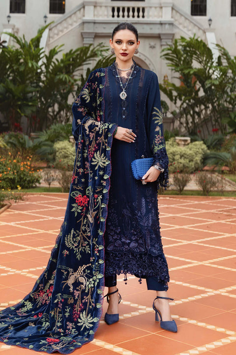 Maria B -3 Piece Unstitched Embroidered Velvet Shawl Suit WL-1312-Navy Blue