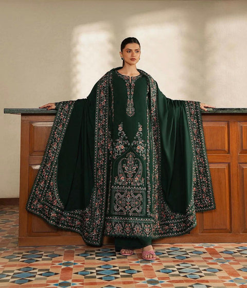 Afrozeh  - 3-piece luxury unstiched embroidered dress- dhannk dress with Pashimna Shawl