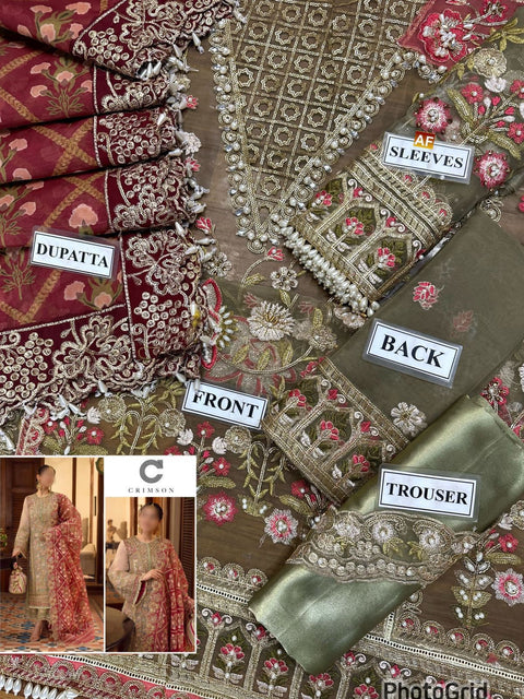 CRIMSON - Crimson Organza Embroidered Suits Unstitched 3 Piece- Luxury Wedding Collection - Artisanal Anecdotes
