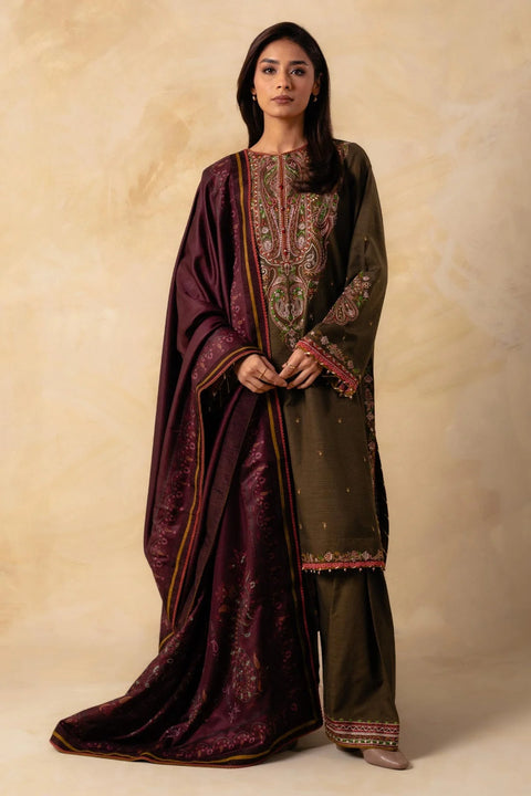 ZARA SHAH JAHAN - 3PC DHANAK EMBROIDERED SHIRT WITH TWILL PRINTED DUAPTTA AND TROUSER - HZG1502