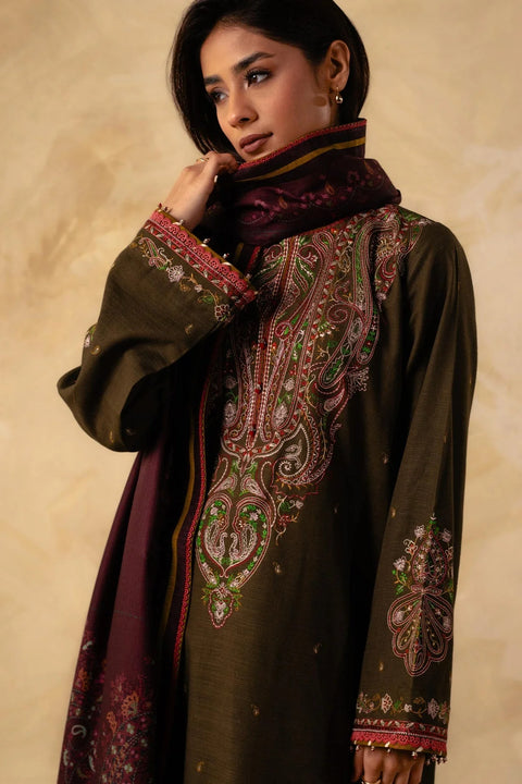 ZARA SHAH JAHAN - 3PC DHANAK EMBROIDERED SHIRT WITH TWILL PRINTED DUAPTTA AND TROUSER - HZG1502