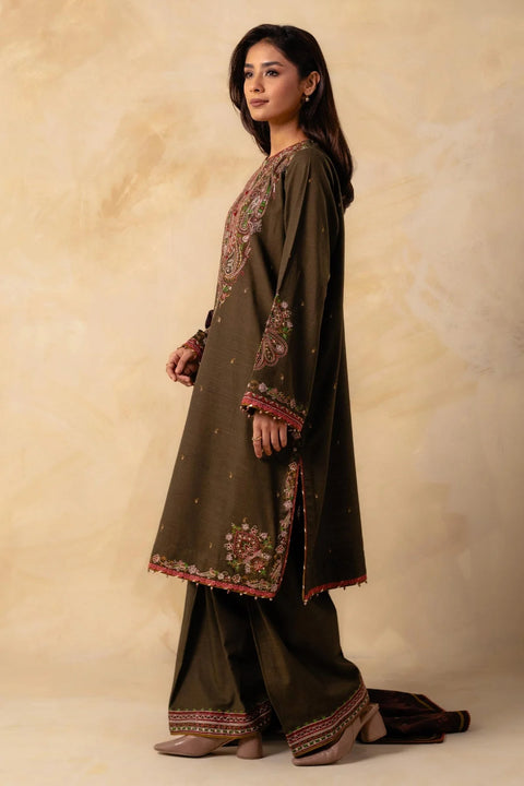 ZARA SHAH JAHAN - 3PC DHANAK EMBROIDERED SHIRT WITH TWILL PRINTED DUAPTTA AND TROUSER - HZG1502