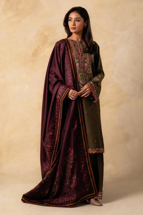 ZARA SHAH JAHAN - 3PC DHANAK EMBROIDERED SHIRT WITH TWILL PRINTED DUAPTTA AND TROUSER - HZG1502