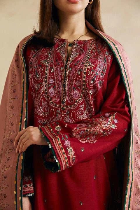 ZARA SHAHJAHAN - 3PC DHANAK EMBROIDERED SHIRT WITH  PRINTED SHAWL AND TROUSER - KPR 035
