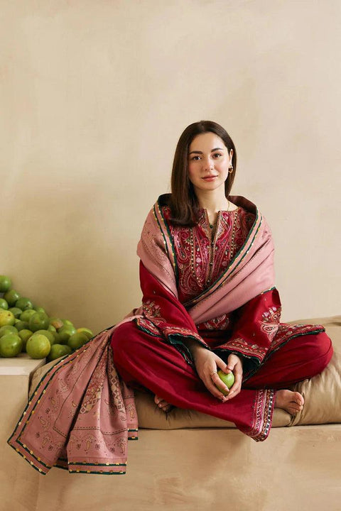 ZARA SHAHJAHAN - 3PC DHANAK EMBROIDERED SHIRT WITH  PRINTED SHAWL AND TROUSER - KPR 035