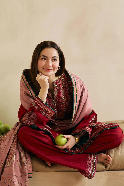 ZARA SHAHJAHAN - 3PC DHANAK EMBROIDERED SHIRT WITH  PRINTED SHAWL AND TROUSER - KPR 035
