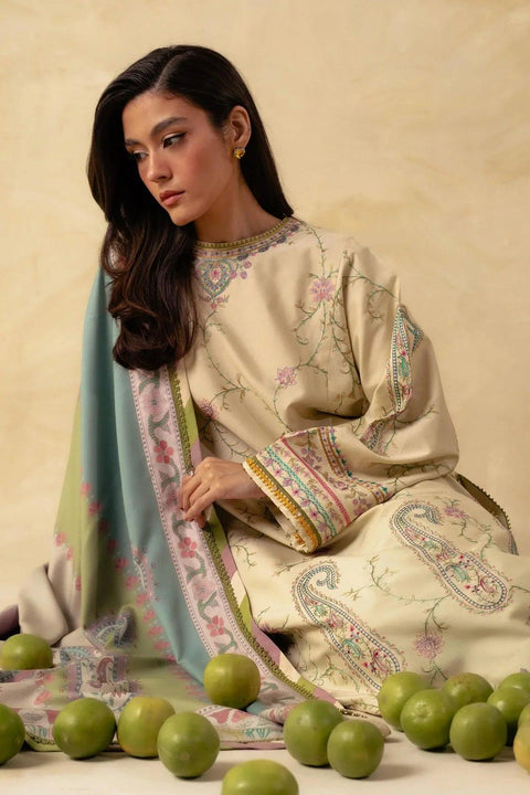 ZARA SHAHJAHAN - 3PC DHANAK EMBROIDERED SHIRT WITH DHANAK EMBROIDERED SHAWL AND TROUSER - KPR 0386