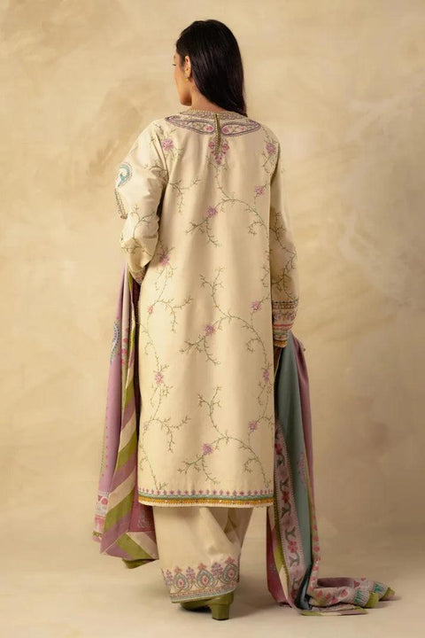 ZARA SHAHJAHAN - 3PC DHANAK EMBROIDERED SHIRT WITH DHANAK EMBROIDERED SHAWL AND TROUSER - KPR 0386