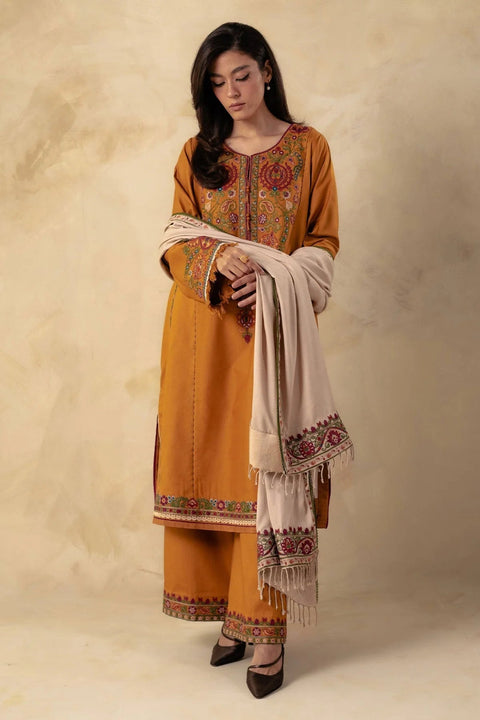 ZARA SHAHJAHAN - 3PC DHANAK EMBROIDERED SHIRT WITH DHANAK EMBROIDERED SHAWL AND TROUSER - KPR1380