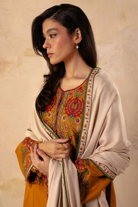 ZARA SHAHJAHAN - 3PC DHANAK EMBROIDERED SHIRT WITH DHANAK EMBROIDERED SHAWL AND TROUSER - KPR1380