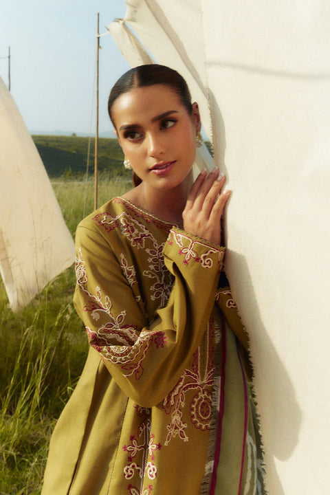 ZARA SHAHJAHAN - 3PC DHANAK EMBROIDERED SHIRT WITH TWILL PRINTED SHAWL AND TROUSER - KPR1889