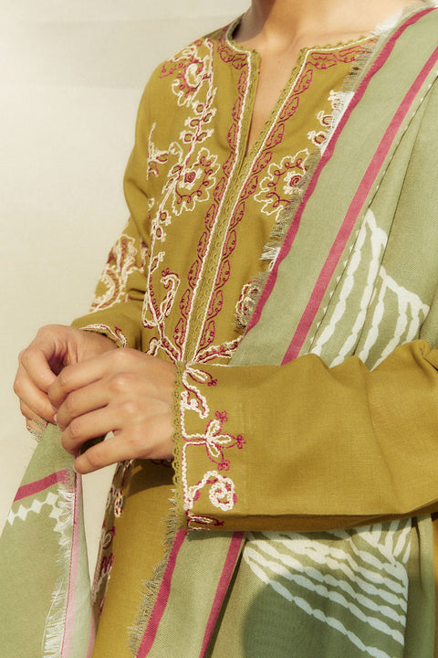 ZARA SHAHJAHAN - 3PC DHANAK EMBROIDERED SHIRT WITH TWILL PRINTED SHAWL AND TROUSER - KPR1889