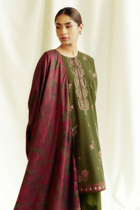 ZARA SHAHJAHAN - 3PC DHANAK EMBROIDERED SHIRT WITH TWILL PRINTED SHAWL AND TROUSER - KPR1903