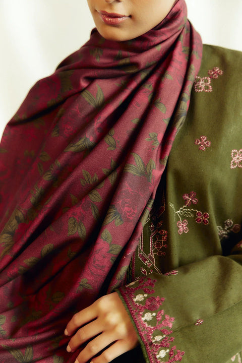 ZARA SHAHJAHAN - 3PC DHANAK EMBROIDERED SHIRT WITH TWILL PRINTED SHAWL AND TROUSER - KPR1903