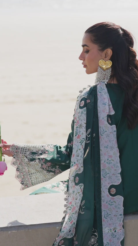 QALAMKAR - 3PC LAWN EMBROIDERED SHIRT WITH VOIL PRINTED SHAWL AND TROUSER - FK-13 ELIZA