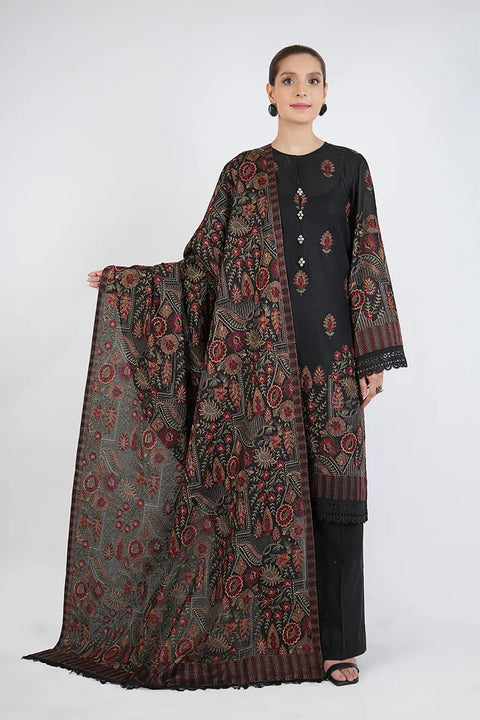 BAREEZE- 3PC DHANAK EMBROIDERED SHIRT WITH DHANAK EMBROIDERED SHAWL AND EMBROIDERED TROUSER - KPR- ETHNIC FLORES-01