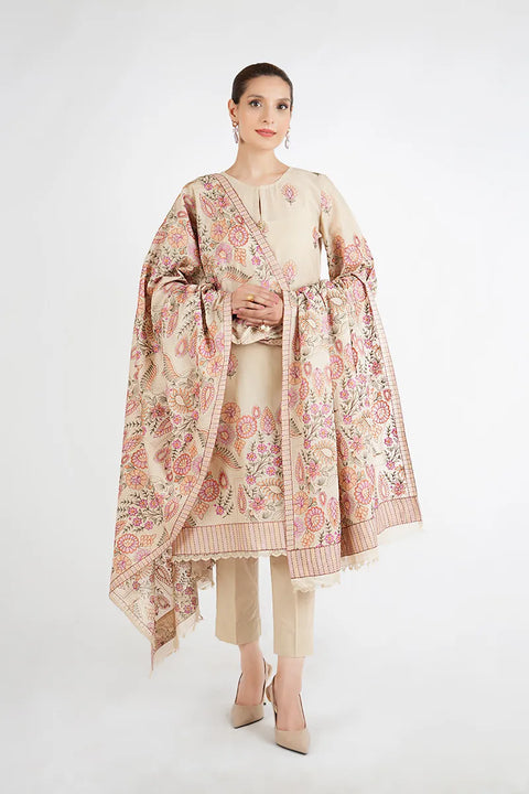 BAREEZE- 3PC DHANAK EMBROIDERED SHIRT WITH DHANAK EMBROIDERED SHAWL AND EMBROIDERED TROUSER - KPR- ETHNIC FLORES-02