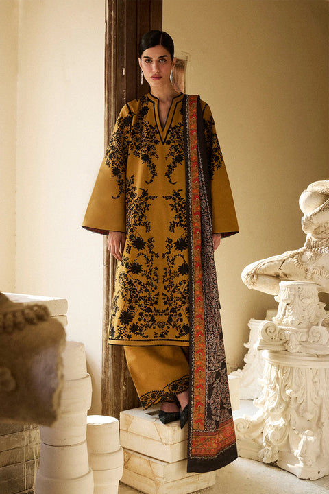 HUSSAIN REHAR - 3PC LAWN EMBROIDERED SHIRT WITH EMBROIDERED SHAWL AND TROUSER - MERI GOLD