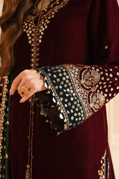 JAZMIN - 3PC VELVET EMBROIDERED SHIRT WITH CHIFFON EMBROIDERED DUPATTA AND TROUSER -RD-343