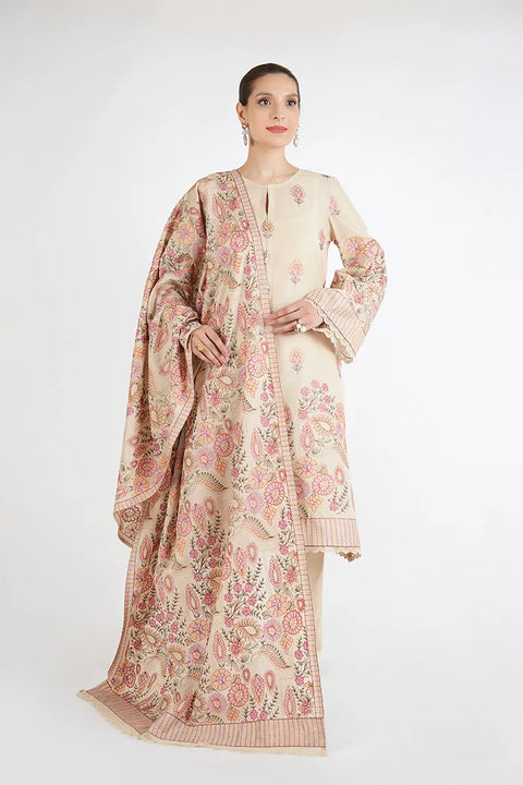 BAREEZE- 3PC DHANAK EMBROIDERED SHIRT WITH DHANAK EMBROIDERED SHAWL AND EMBROIDERED TROUSER - KPR- ETHNIC FLORES-02