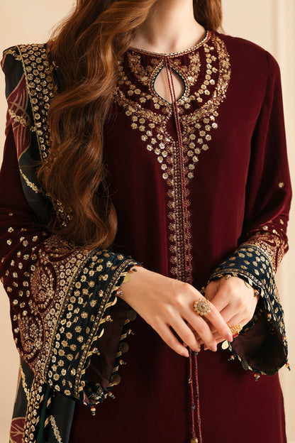 JAZMIN - 3PC VELVET EMBROIDERED SHIRT WITH CHIFFON EMBROIDERED DUPATTA AND TROUSER -RD-343