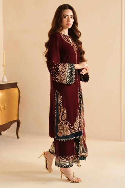 JAZMIN - 3PC VELVET EMBROIDERED SHIRT WITH CHIFFON EMBROIDERED DUPATTA AND TROUSER -RD-343