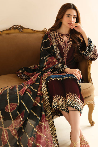 JAZMIN - 3PC VELVET EMBROIDERED SHIRT WITH CHIFFON EMBROIDERED DUPATTA AND TROUSER -RD-343