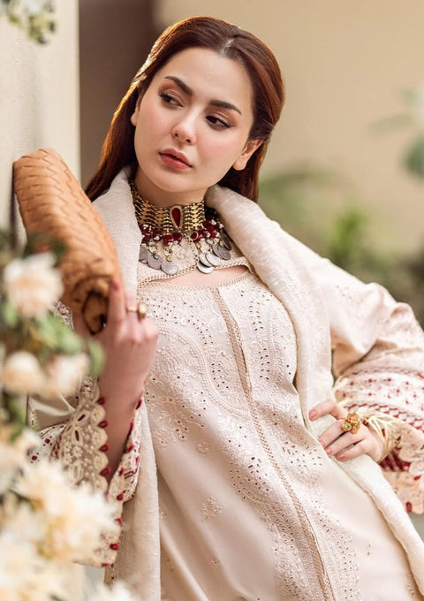 QALAMKAR - 3PC LAWN EMBROIDERED SHIRT WITH JACQUARD WEAVED EMBROIDERED DUPATTA AND COTTON TROUSER - KPR-Anaya