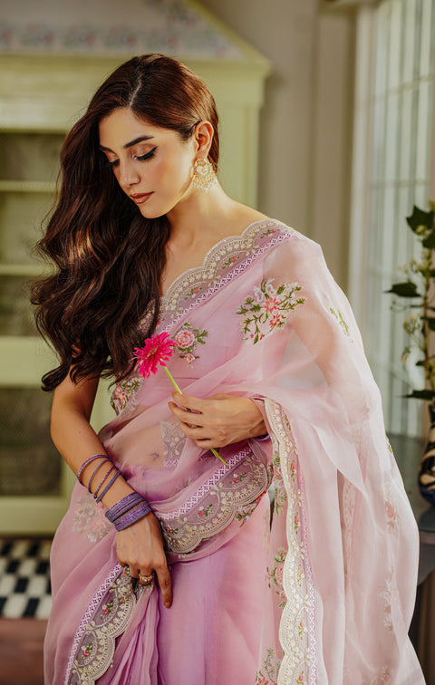MAYA . Organza Unstitched Embroidered Saree | FIALA