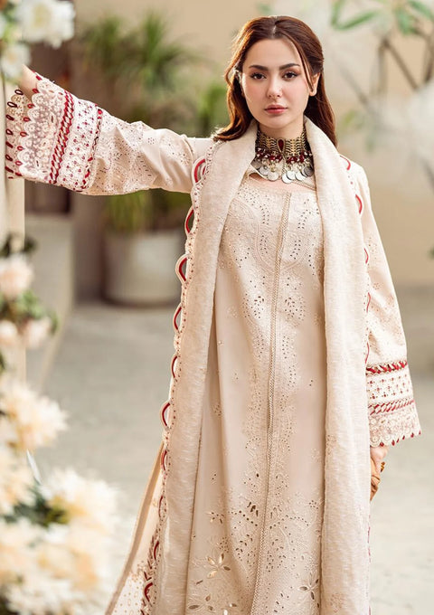 QALAMKAR - 3PC LAWN EMBROIDERED SHIRT WITH JACQUARD WEAVED EMBROIDERED DUPATTA AND COTTON TROUSER - KPR-Anaya