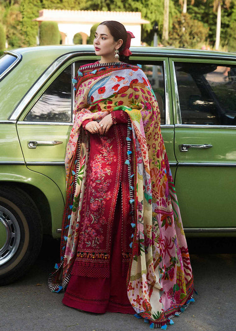 HUSSAIN REHAR - 3PC LAWN  EMBROIDERED SHIRT WITH PRINTED DUPATTA AND COTTON TROUSER - BLOOM-09