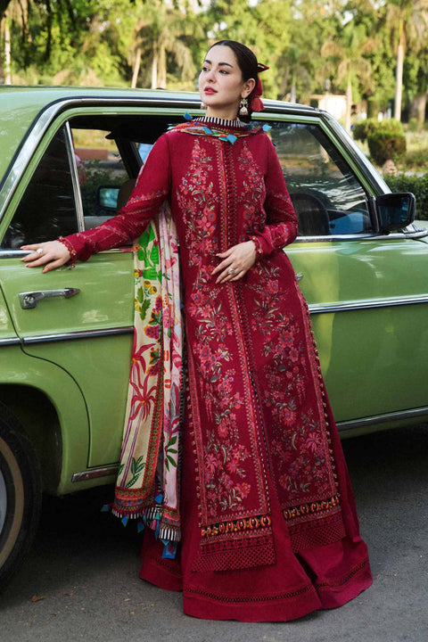 HUSSAIN REHAR - 3PC LAWN  EMBROIDERED SHIRT WITH PRINTED DUPATTA AND COTTON TROUSER - BLOOM-09