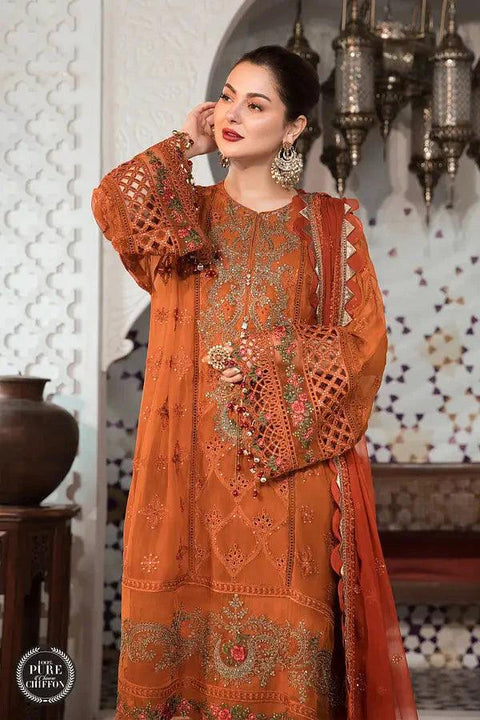 Maria B - 3PC LAWN EMBROIDERED SHIRT WITH CHIFFON EMBROIDERED DUPATTA AND TROUSER - HZG1517 - Kaprang