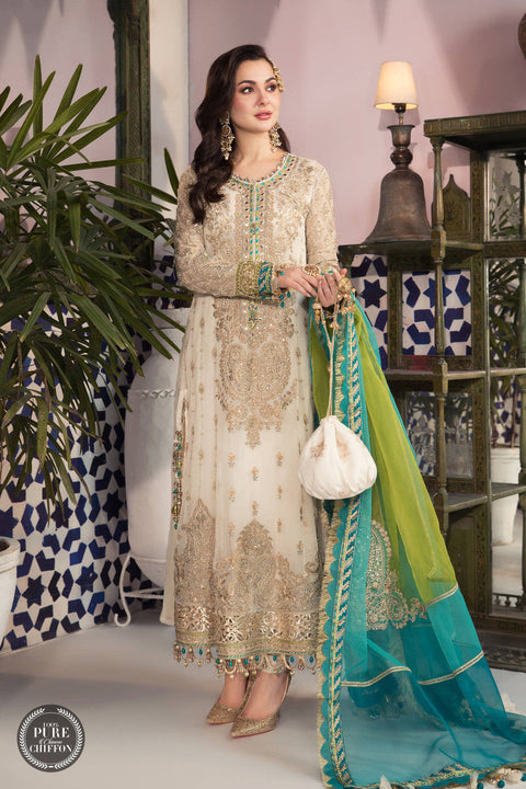 Maria B - 3PC CHIFFON EMBROIDERED WITH EMBROIDERED DUPATTA AND - MPC-2-Cream and Ferozi