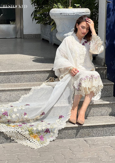 Elaf Off White Embroidered Chicken Kari 3 Piece Unstitched Luxury Lawn HR-05