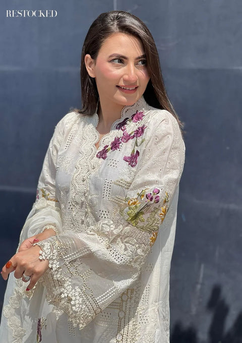 Elaf Off White Embroidered Chicken Kari 3 Piece Unstitched Luxury Lawn HR-05