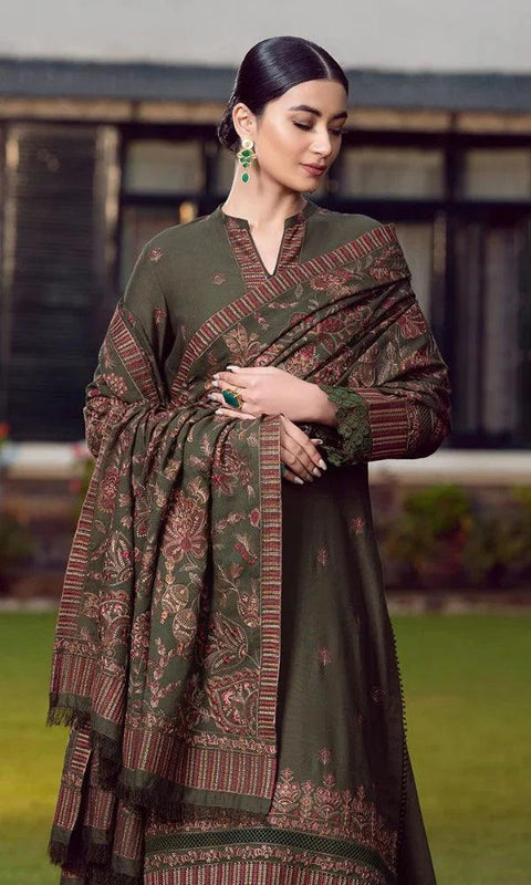 BAREEZE - 3PC DHANAK EMBROIDERED SHIRTDHANAK  HEAVY EMBROIDERED SHAWL DUPATTA AND TROUSER - KPR 090