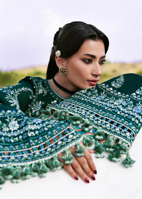 Hussain Rehar- 3-piece luxury unstiched embroidered dress- dhannk dress with Pashimna Shawl