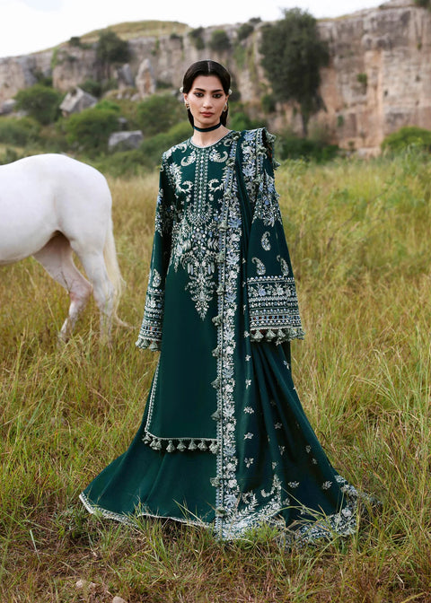 Hussain Rehar- 3-piece luxury unstiched embroidered dress- dhannk dress with Pashimna Shawl
