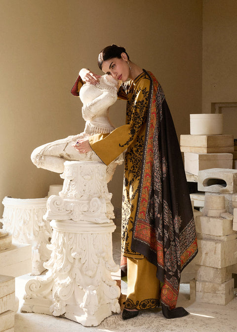 HUSSAIN REHAR - 3PC LAWN EMBROIDERED SHIRT WITH EMBROIDERED SHAWL AND TROUSER - MERI GOLD