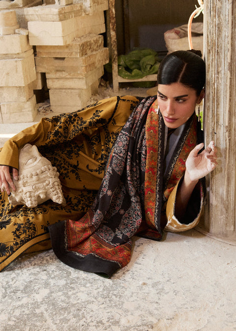 HUSSAIN REHAR - 3PC LAWN EMBROIDERED SHIRT WITH EMBROIDERED SHAWL AND TROUSER - MERI GOLD